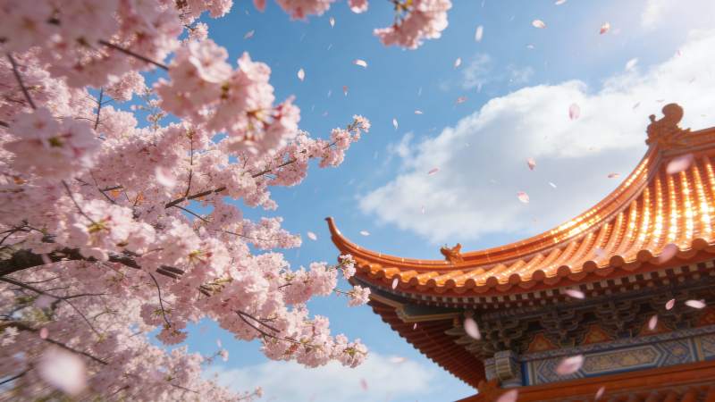樱花飞舞古建筑图片
