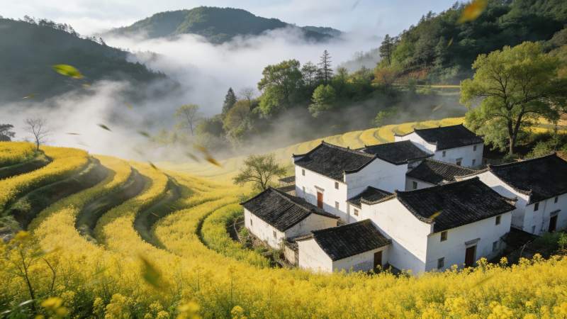 油菜花海山村晨雾图片