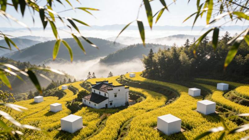 梯田晨雾人家图片