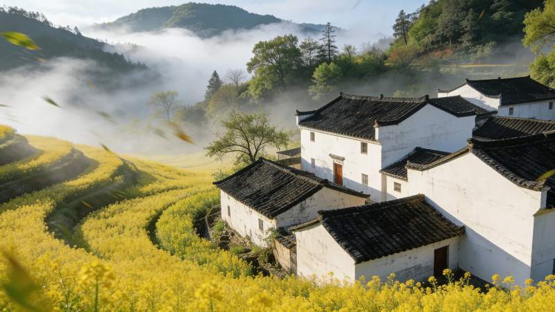 油菜花海中的古村图片