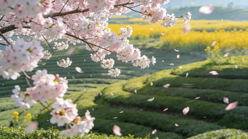 樱花飘落茶园间图片