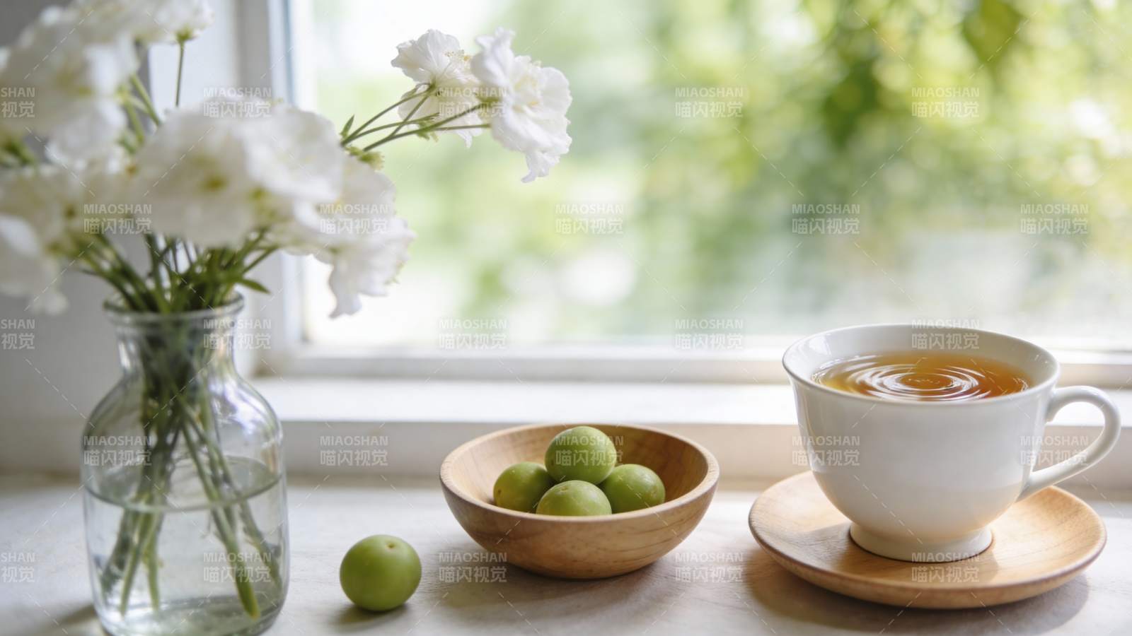 窗边茶香静谧时光图片