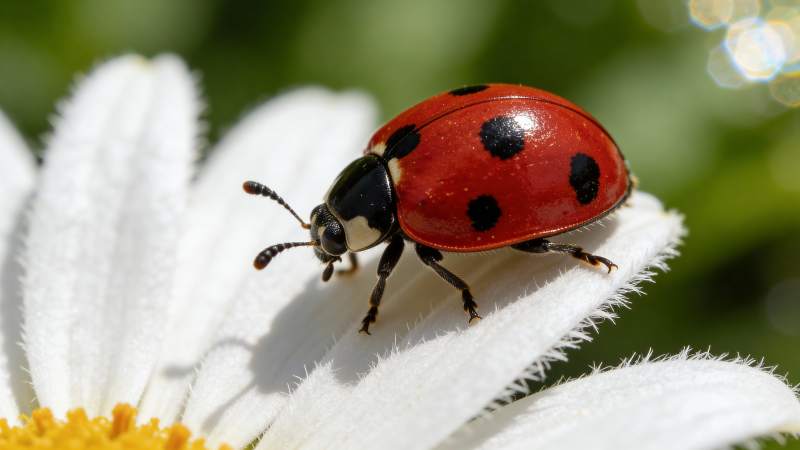 瓢虫栖息于白花上图片