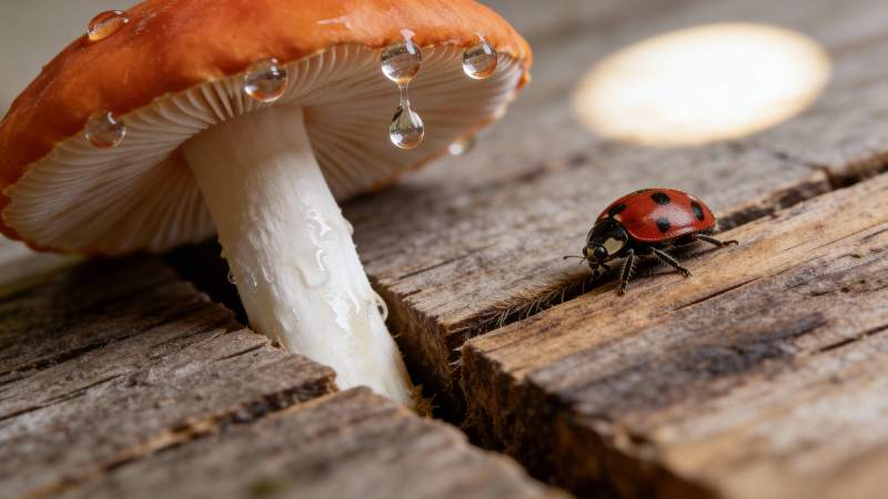 雨后菌菇与瓢虫图片