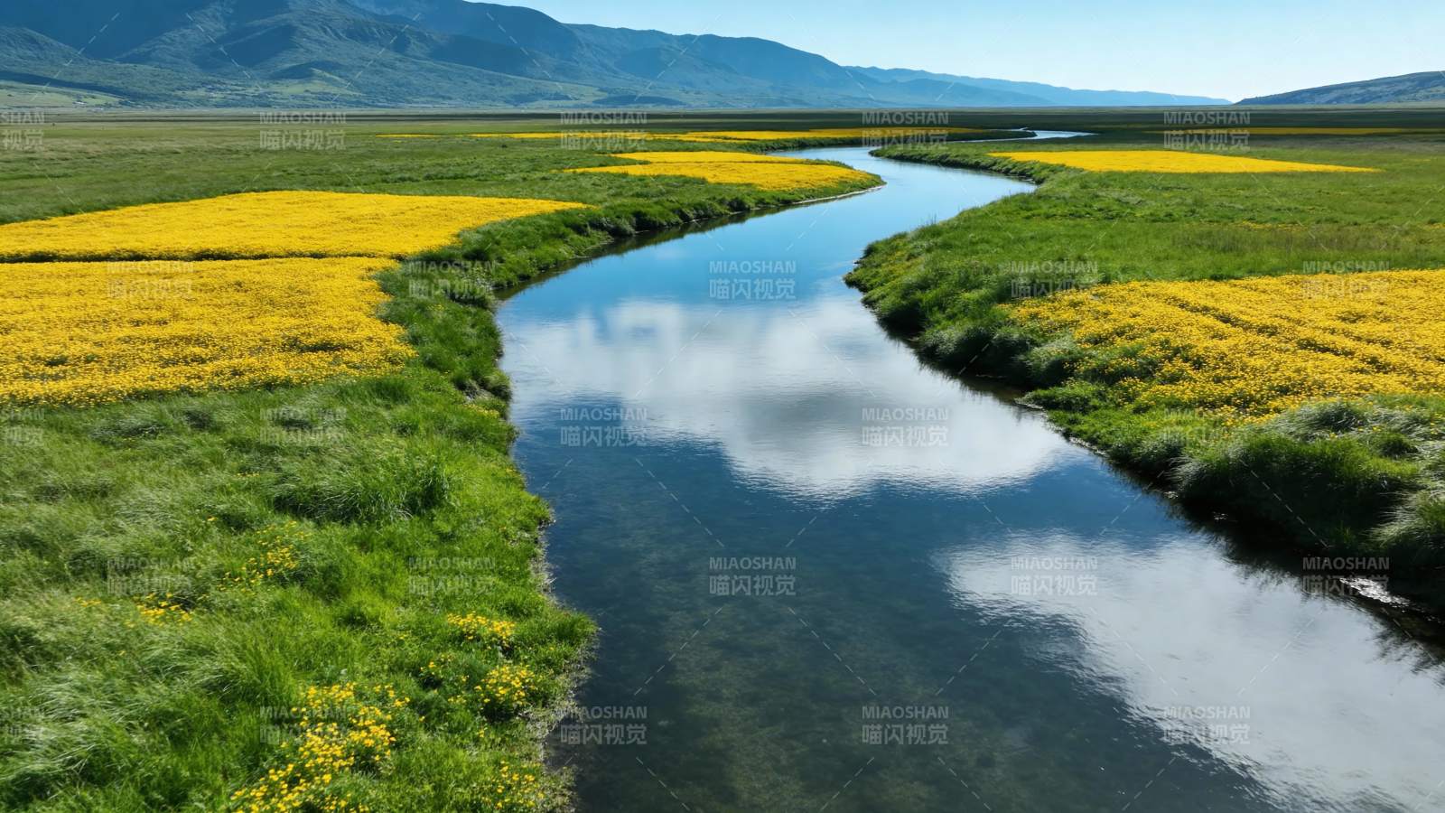 花海溪流映山景图片