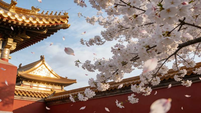 樱花纷飞古殿前图片