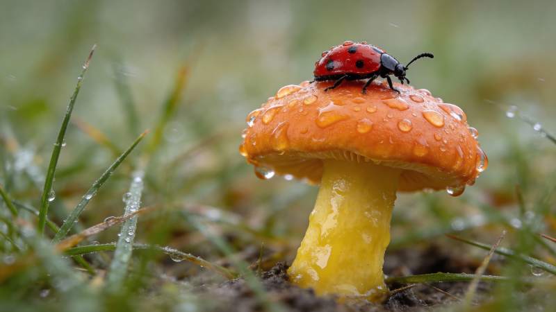 瓢虫栖息橙菇上图片