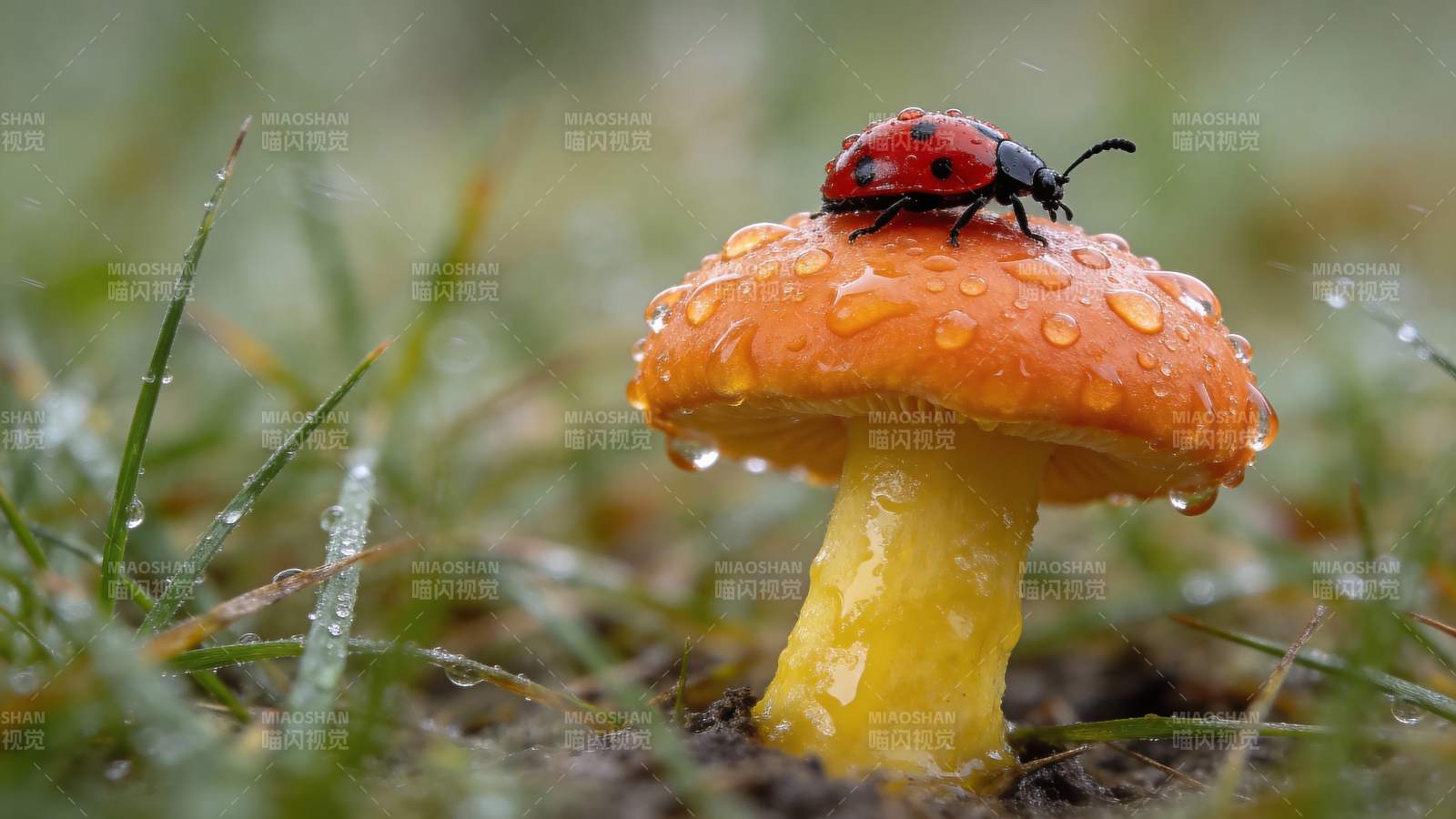 瓢虫栖息橙菇上图片