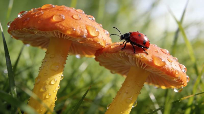露珠红菇上的瓢虫图片