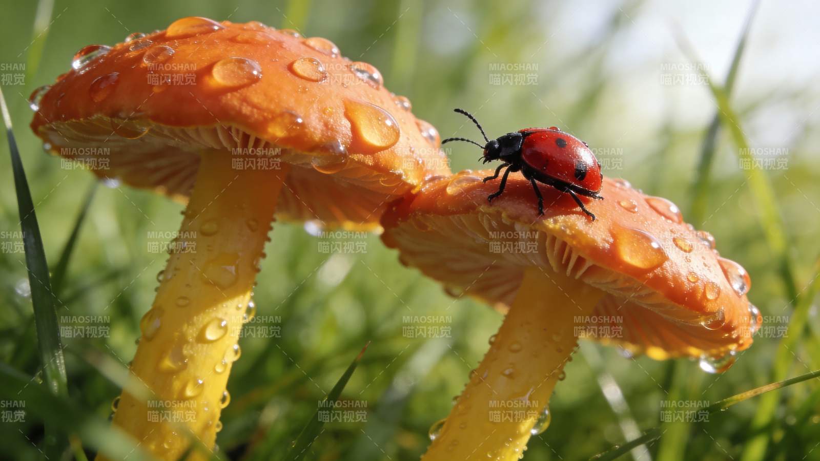 露珠红菇上的瓢虫图片
