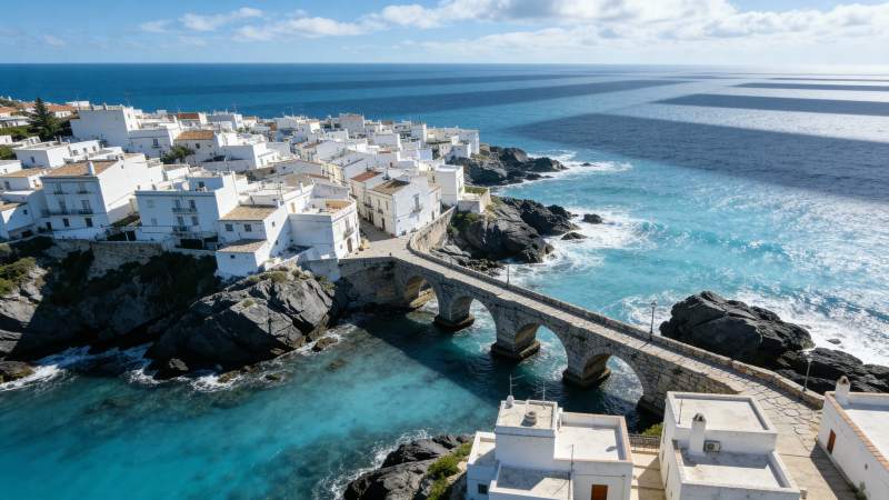 海滨白屋与石桥图片