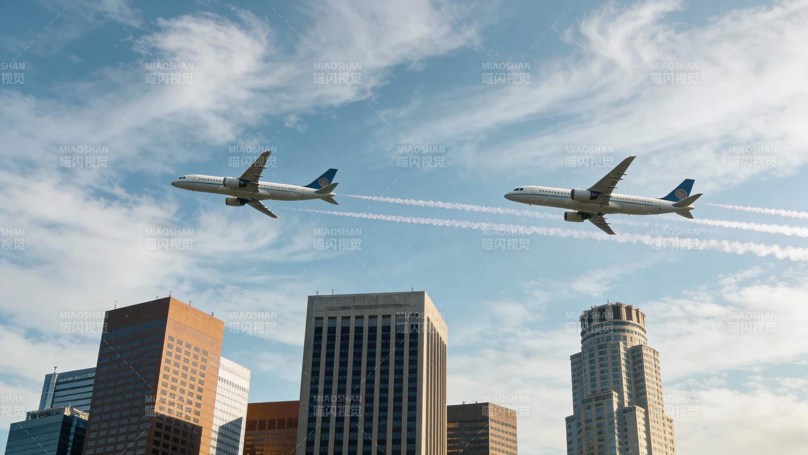 双机飞越城市天际图片
