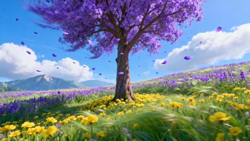 紫花树下春意浓图片