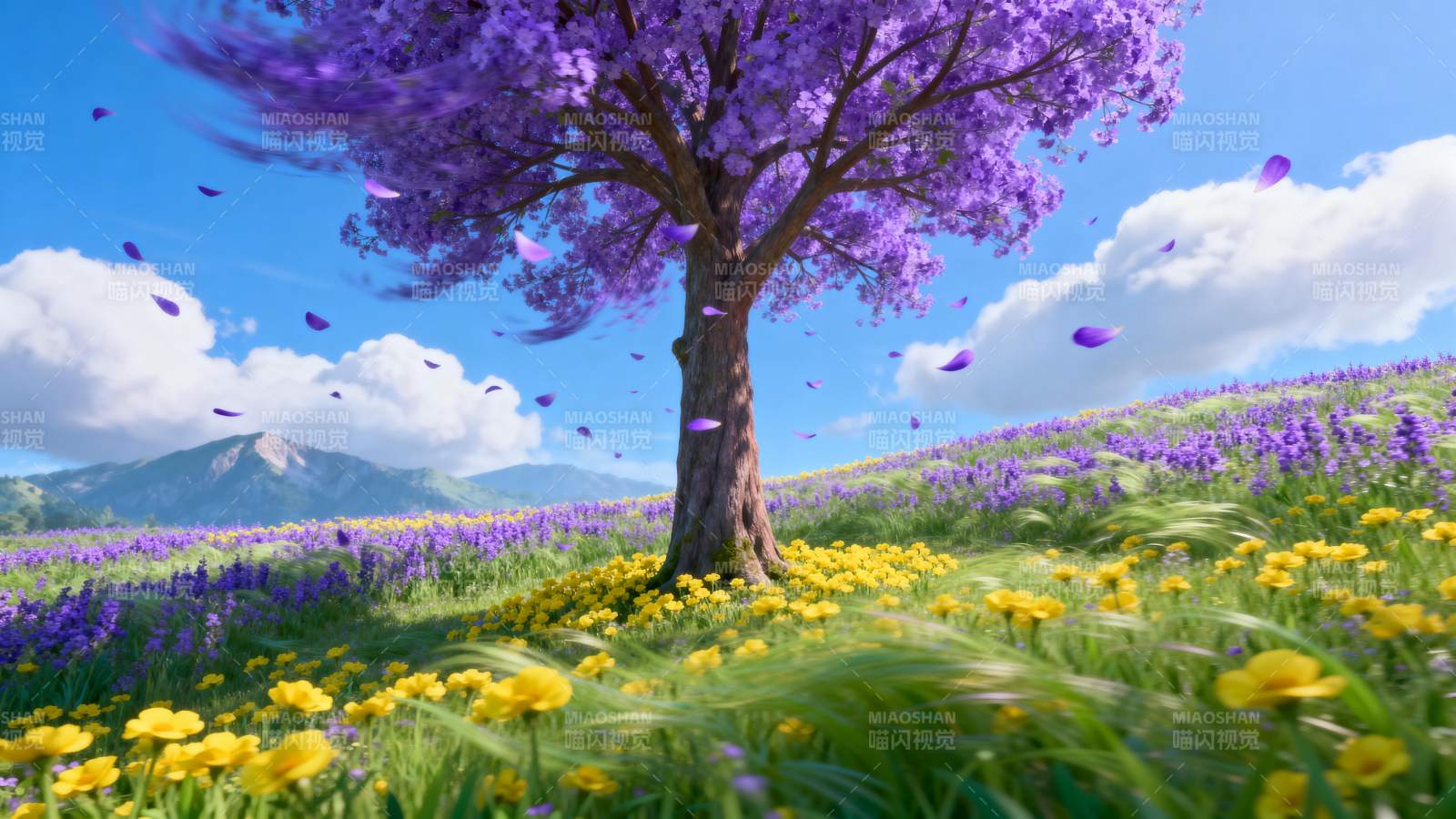 紫花树下春意浓图片