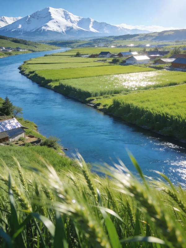 雪山下的田园风光图片