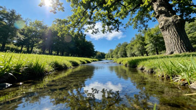 溪流映绿树图片