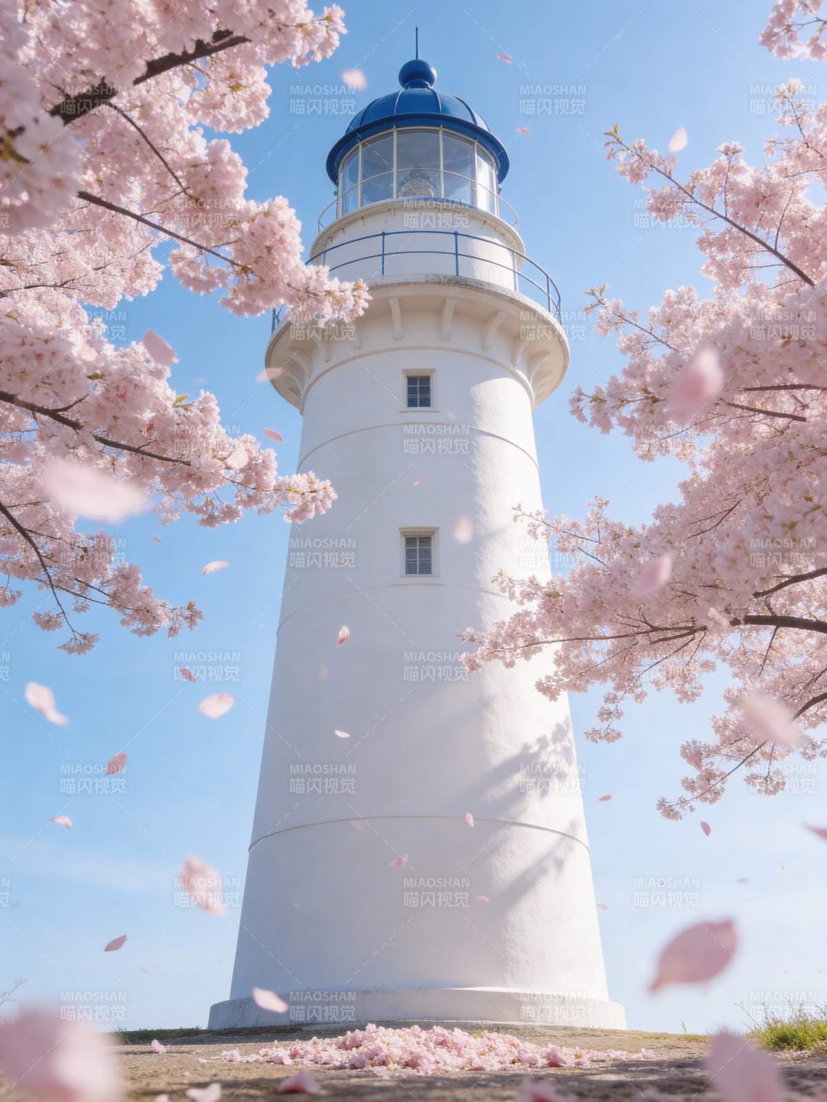 樱花映衬灯塔图片