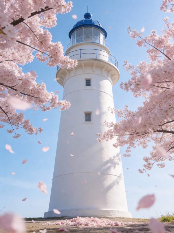 樱花映衬灯塔图片