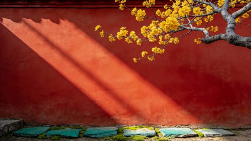 红墙映花影图片