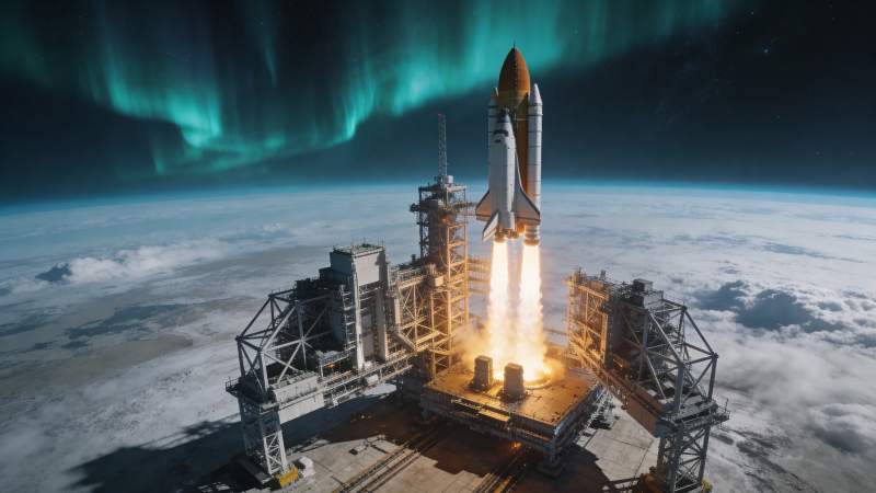 火箭升空 极光璀璨图片