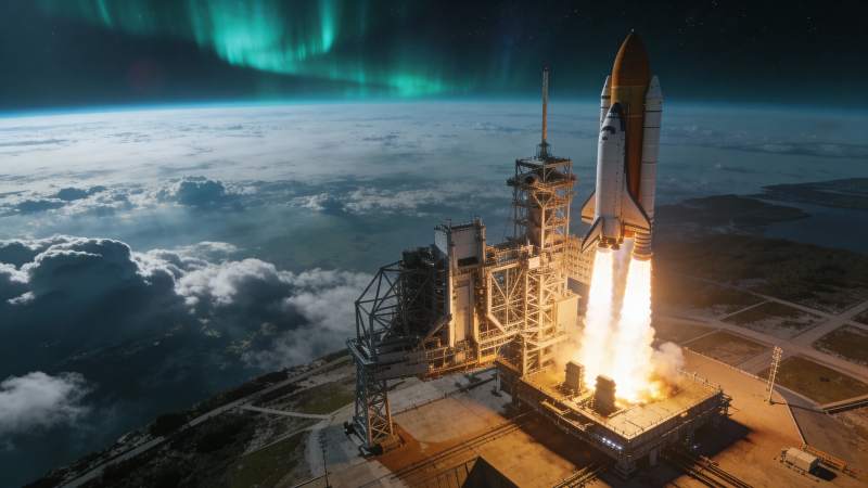 火箭升空 极光映天图片