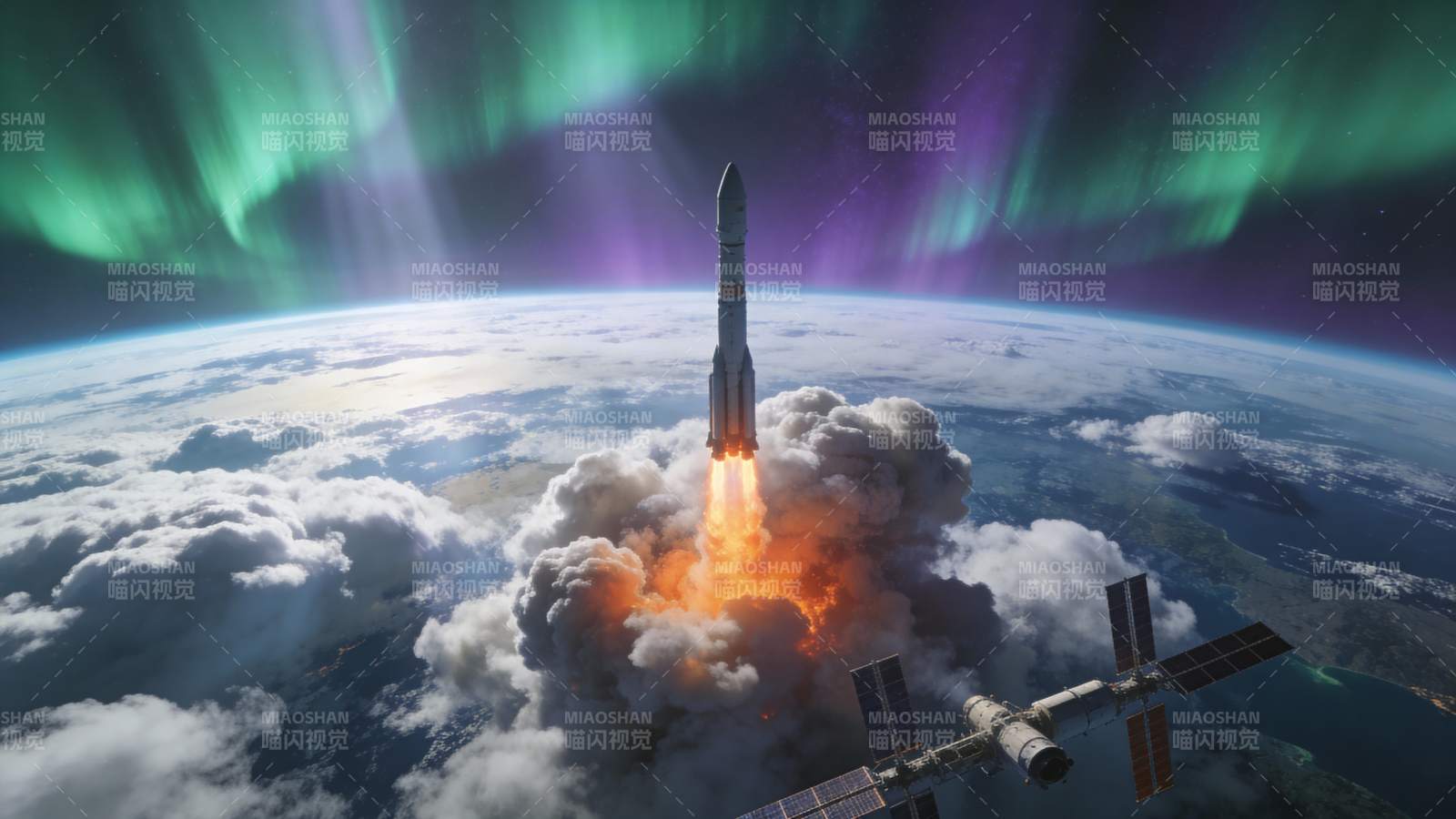 火箭升空 极光映天图片