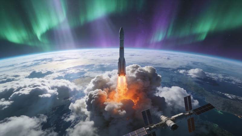 火箭升空 极光映天图片