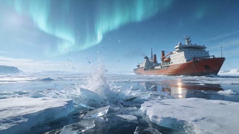 极光下的破冰船图片