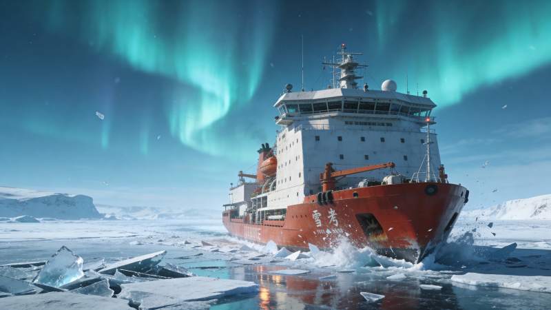 极地破冰船破冰前行图片