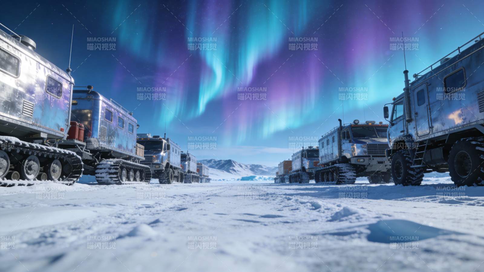极地雪原上的车队图片