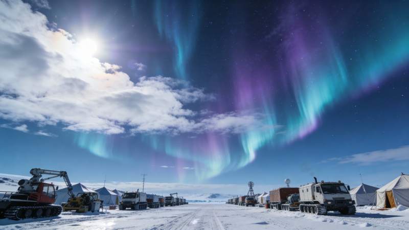 极光下的雪地营地图片
