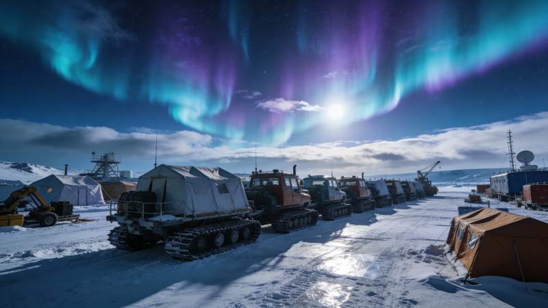 极光下的雪地营地图片