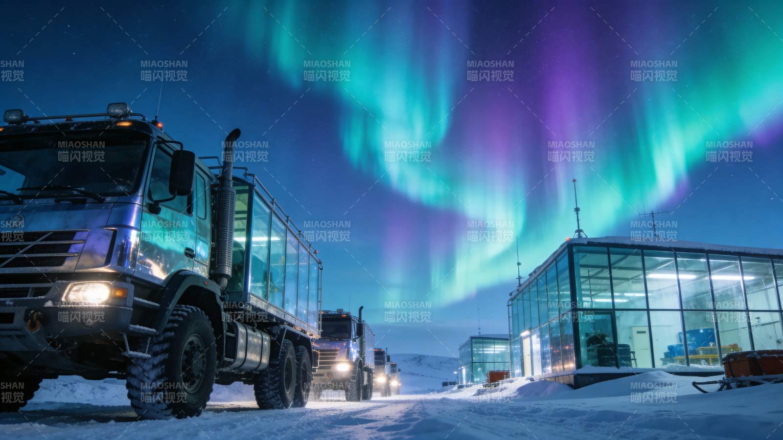 极光下的雪地车队图片