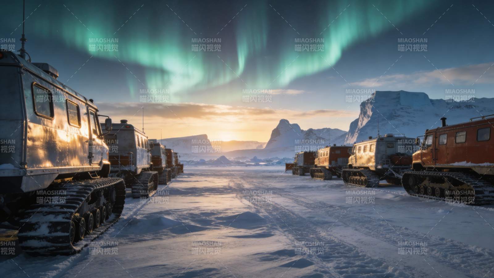 极光下的雪地车队图片