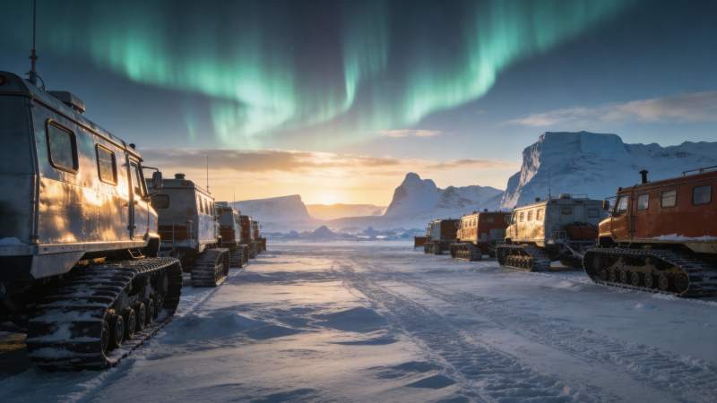 极光下的雪地车队图片