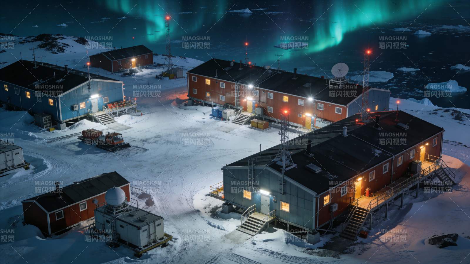 极地夜景中的小屋群图片