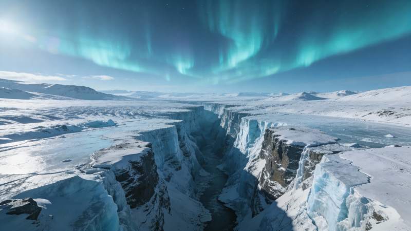 极光映照冰川峡谷图片