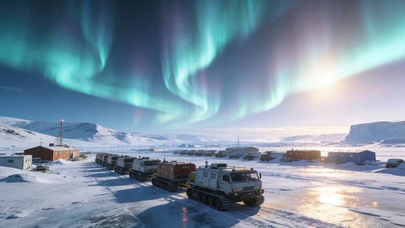 极光下的雪地车队图片