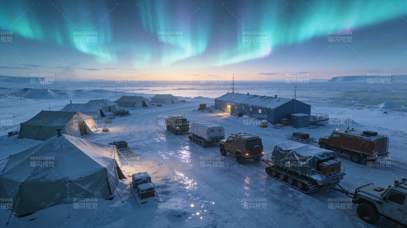 极光下的雪地营地图片