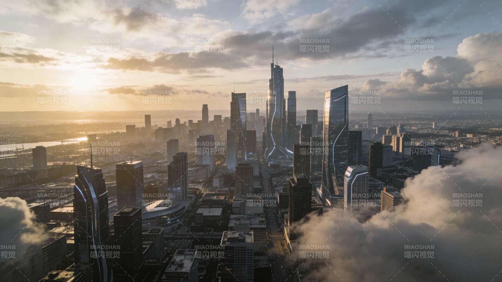 城市晨曦云海图片