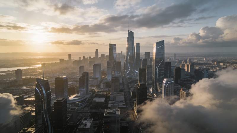 城市晨曦云海图片