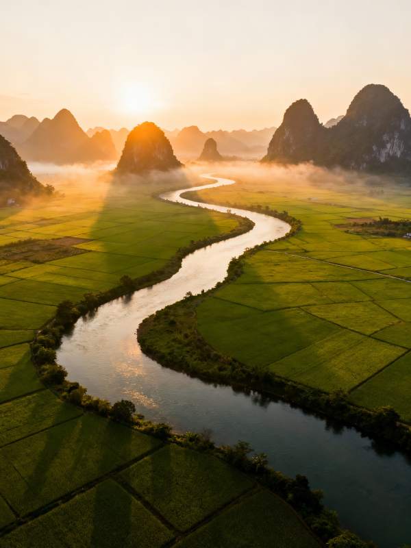 晨曦中的蜿蜒河流图片