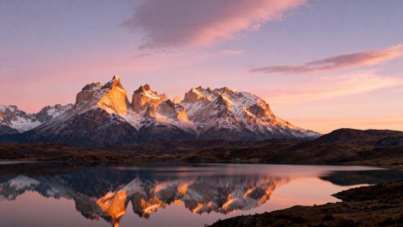 雪山倒影映晨曦图片