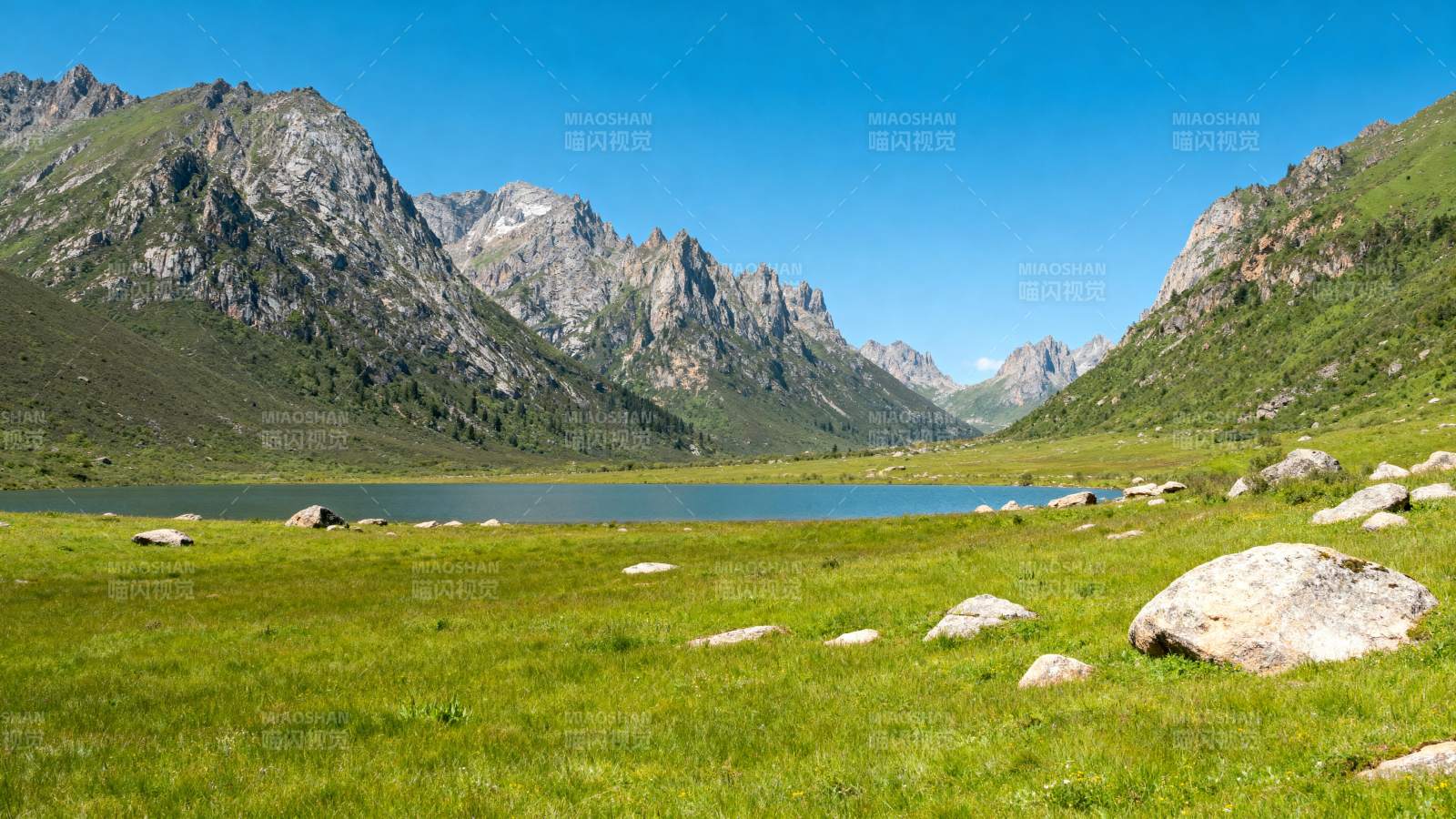 高山湖畔绿草如茵图片