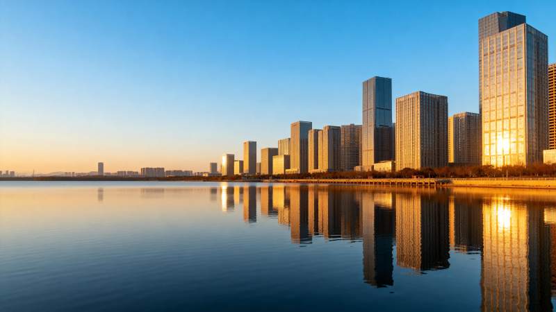 城市倒影湖畔美景图片