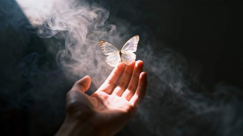 蝶舞烟中 手托希望图片