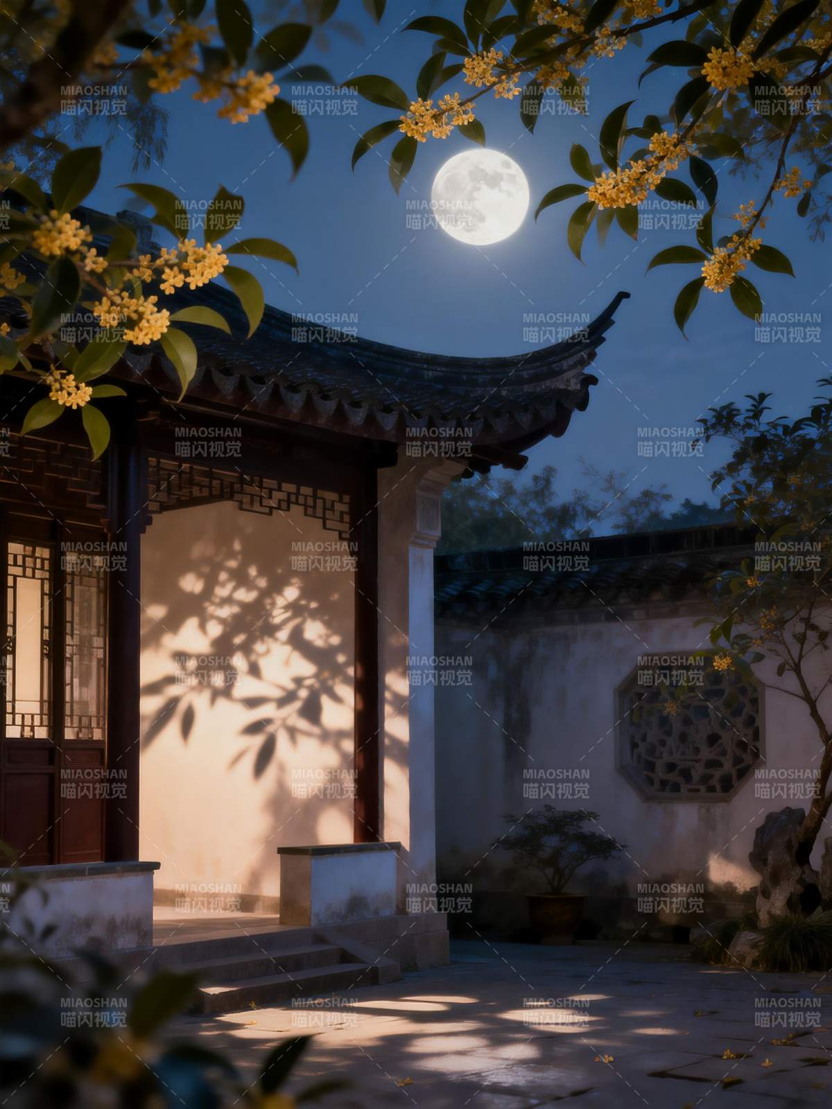 月下庭院桂香盈图片