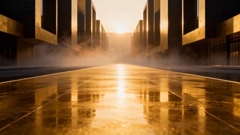 金色街道晨雾弥漫图片