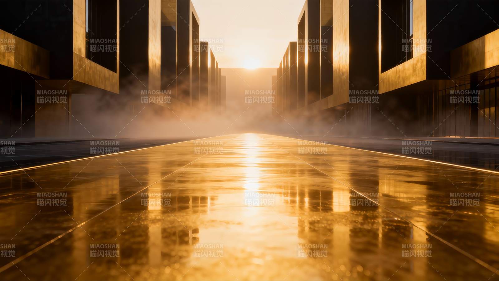 金色街道晨雾弥漫图片