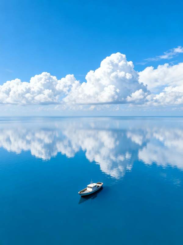 碧海蓝天映孤舟图片